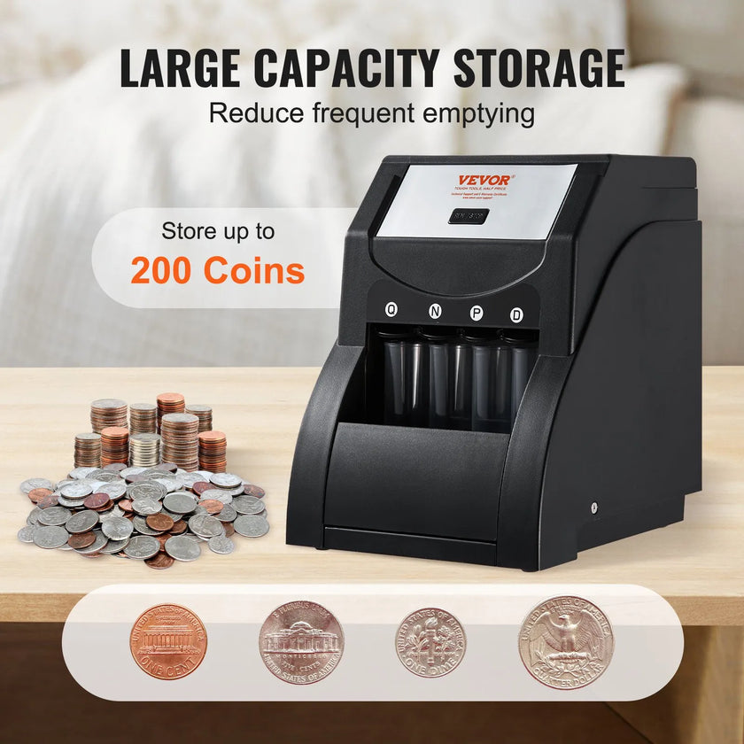 VEVOR USD Coin Sorter, Coin Sorter Machine for USD Coin 1￠ 5￠ 10￠ 25￠ , Sorts up to 230 Coins/min, Coin Sorter and Wrapper Machine Holds 200 Coins Included 4 Coin Tubes, Black