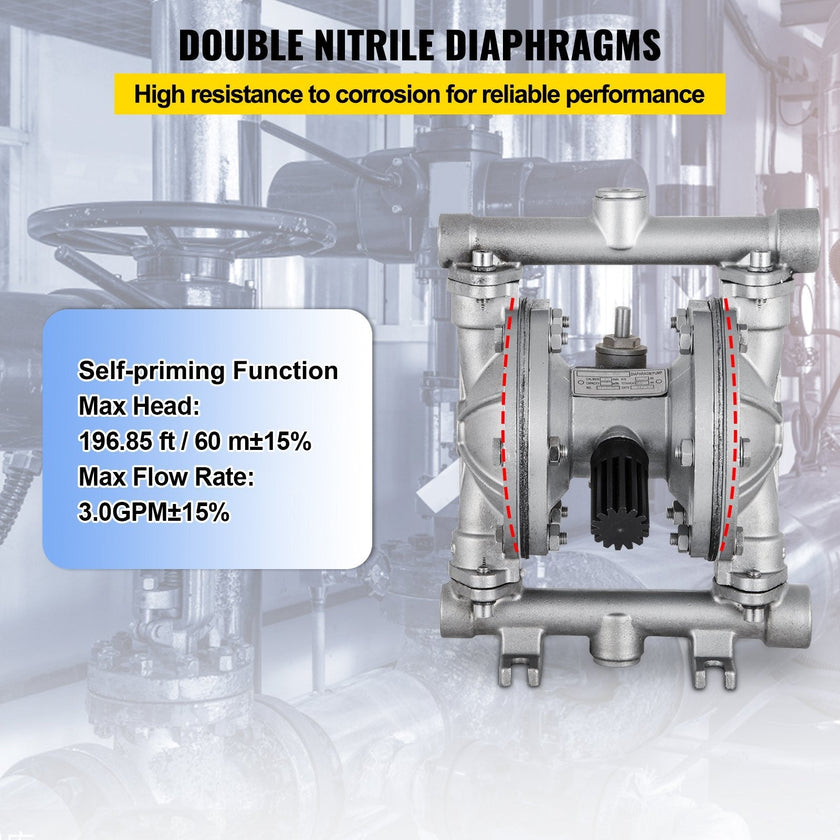 VEVOR Air-Operated Double Diaphragm Pump, 12 GPM, Max 115 PSI With 1/2