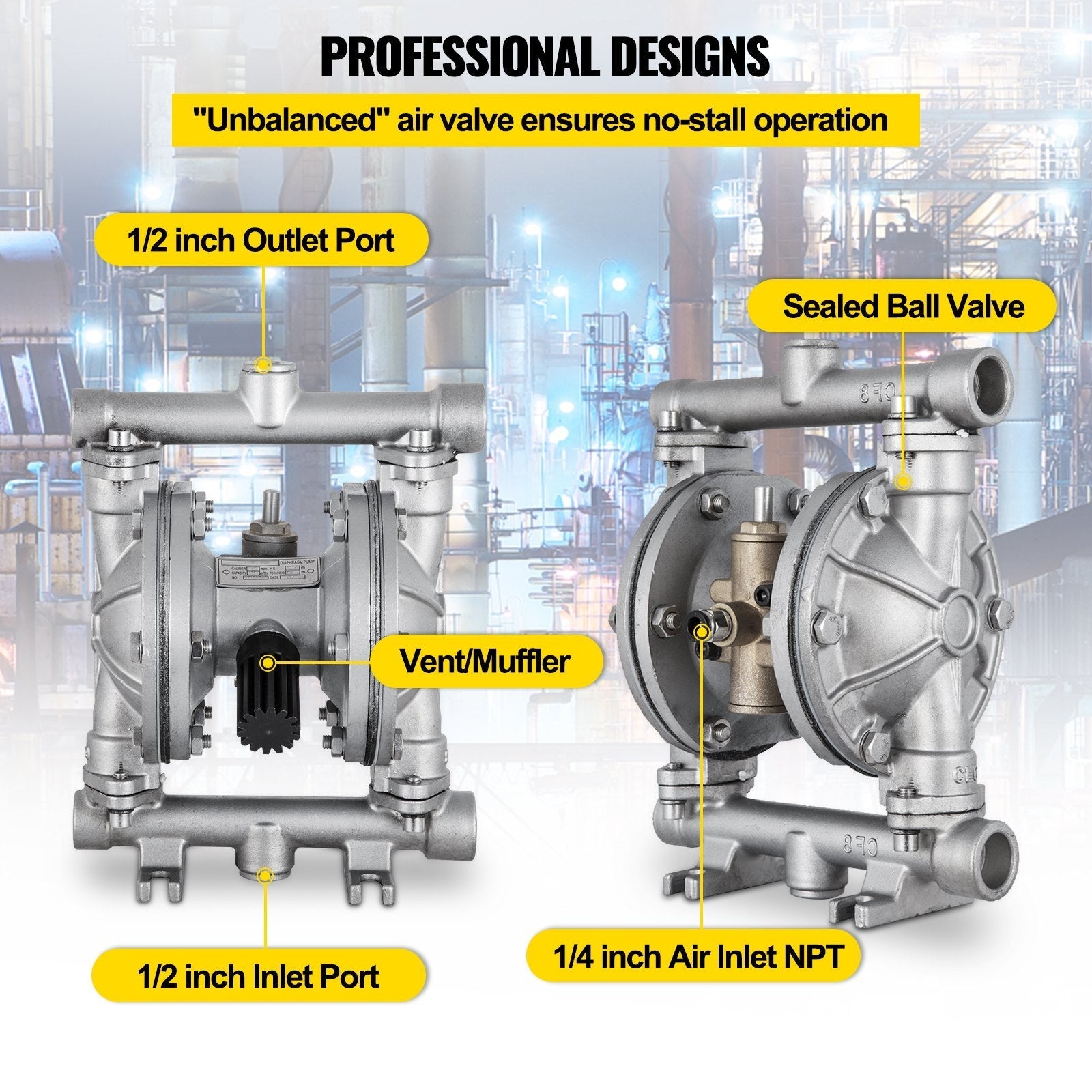 VEVOR Air-Operated Double Diaphragm Pump, 12 GPM, Max 115 PSI With 1/2