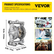 VEVOR Air-Operated Double Diaphragm Pump, 12 GPM, Max 115 PSI With 1/2