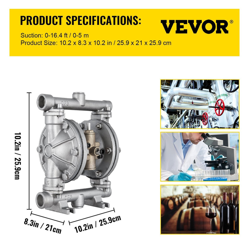 VEVOR Air-Operated Double Diaphragm Pump, 12 GPM, Max 115 PSI With 1/2