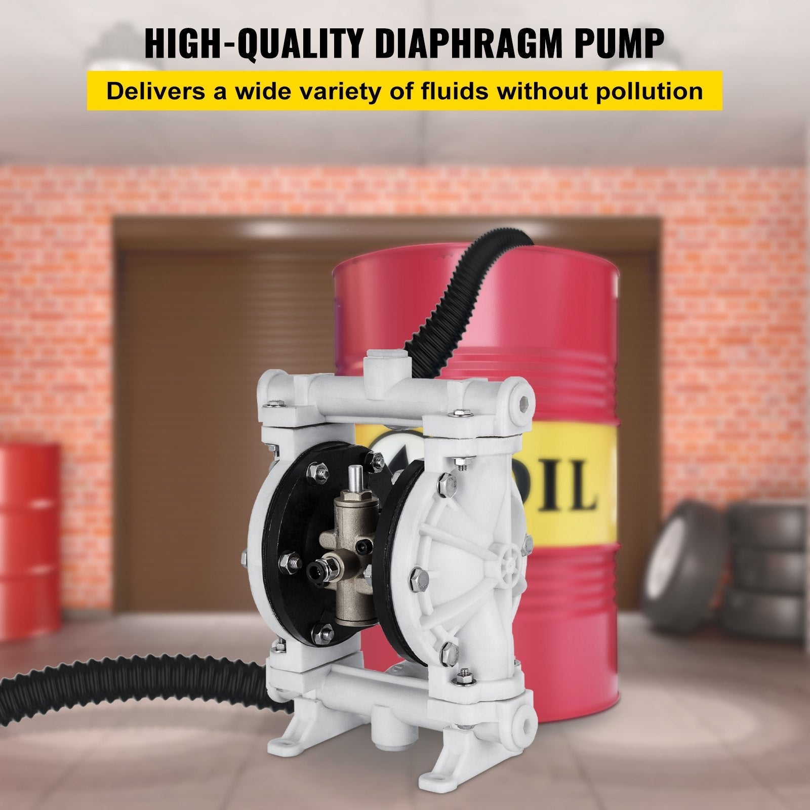 VEVOR Air-Operated Double Diaphragm Pump 1/2 Inch Inlet Outlet Polypropylene 13 GPM Max 100PSI,Nitrile Corrosion-Proof Diaphragm Air Pump for Chemical Industrial Use,QBY-15PP