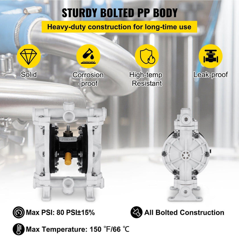VEVOR Air-Operated Double Diaphragm Pump 1/2 Inch Inlet Outlet Polypropylene 13 GPM Max 100PSI,Nitrile Corrosion-Proof Diaphragm Air Pump for Chemical Industrial Use,QBY-15PP