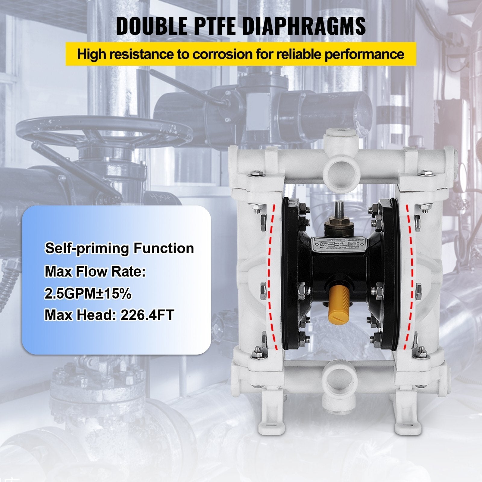 VEVOR Air-Operated Double Diaphragm Pump 1/2 Inch Inlet Outlet Polypropylene 13 GPM Max 100PSI,Nitrile Corrosion-Proof Diaphragm Air Pump for Chemical Industrial Use,QBY-15PP