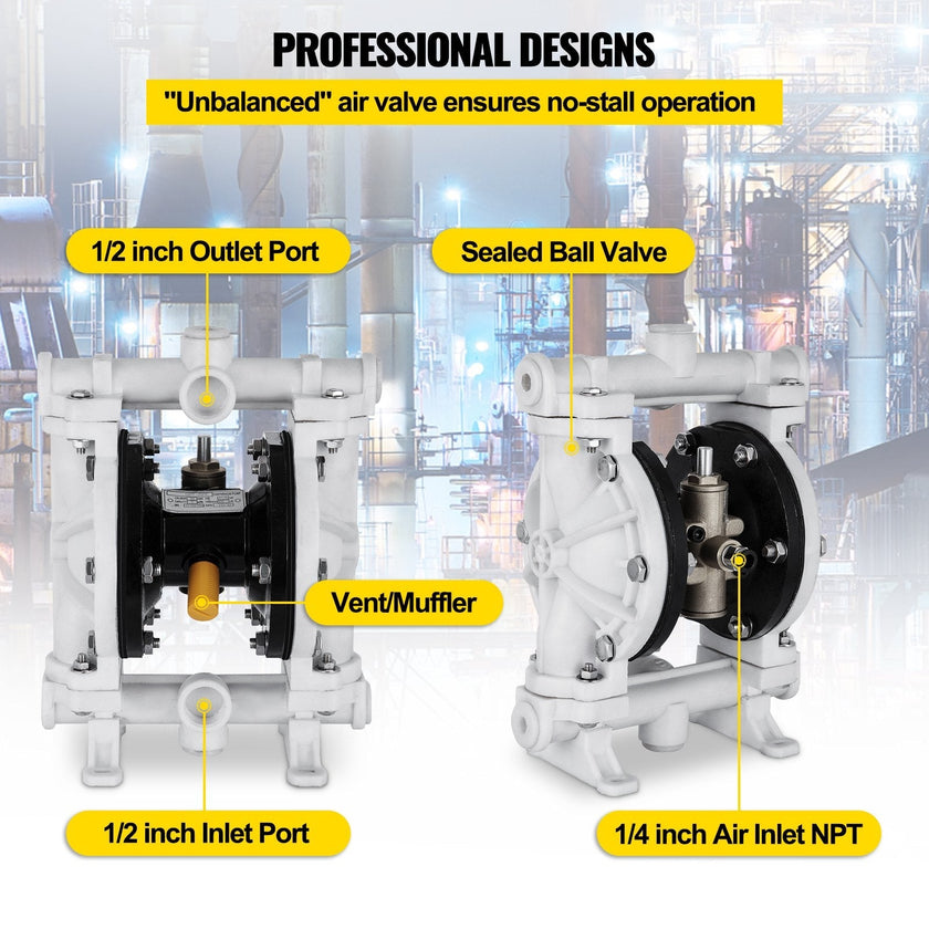 VEVOR Air-Operated Double Diaphragm Pump 1/2 Inch Inlet Outlet Polypropylene 13 GPM Max 100PSI,Nitrile Corrosion-Proof Diaphragm Air Pump for Chemical Industrial Use,QBY-15PP