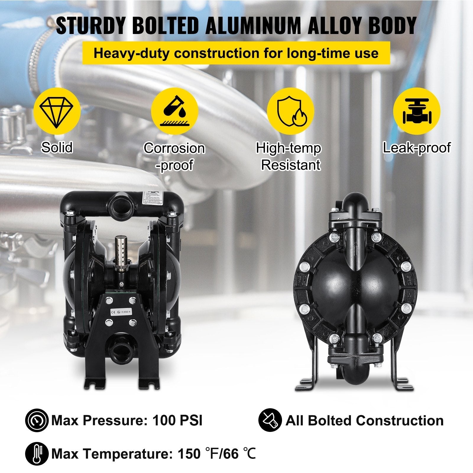 VEVOR Air-Operated Double Diaphragm Pump 1 inch Inlet Outlet Aluminum 35 GPM Max 120PSI for Chemical Industrial Use(QBY4-25L-1inch-35)