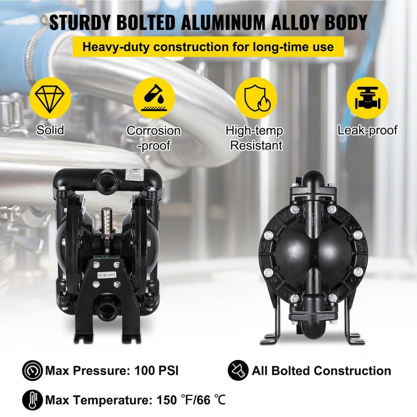 VEVOR Air-Operated Double Diaphragm Pump 1 inch Inlet Outlet Aluminum 35 GPM Max 120PSI for Chemical Industrial Use(QBY4-25L-1inch-35)