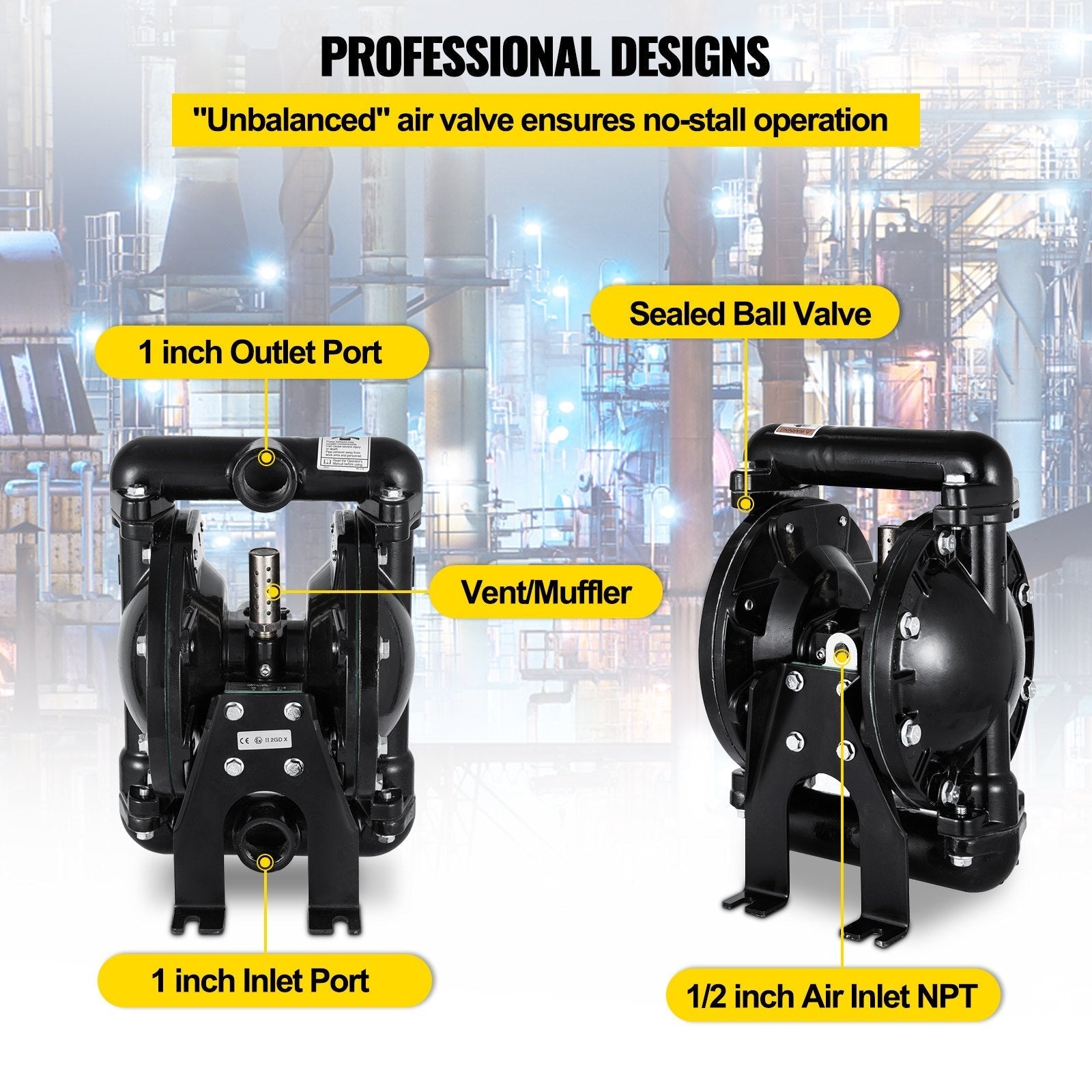 VEVOR Air-Operated Double Diaphragm Pump 1 inch Inlet Outlet Aluminum 35 GPM Max 120PSI for Chemical Industrial Use(QBY4-25L-1inch-35)