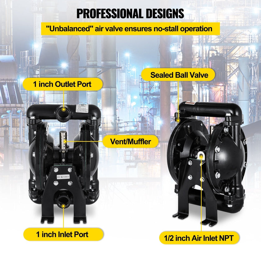 VEVOR Air-Operated Double Diaphragm Pump 1 inch Inlet Outlet Aluminum 35 GPM Max 120PSI for Chemical Industrial Use(QBY4-25L-1inch-35)