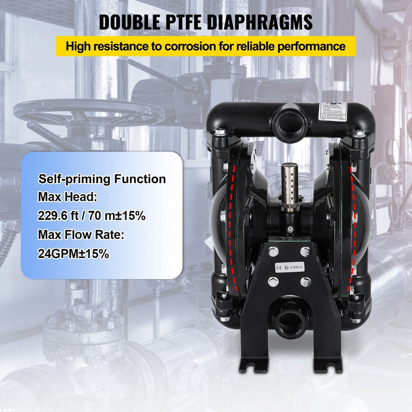 VEVOR Air-Operated Double Diaphragm Pump, QBY4-25L F46 35 GPM 1 Inch Inlet And Outlet, Max 120 PSI, NPT1/2 inch Air Inlet, Corrosion-Proof Aluminum Dual Diaphragm Air Pump for Chemical Industrial Use