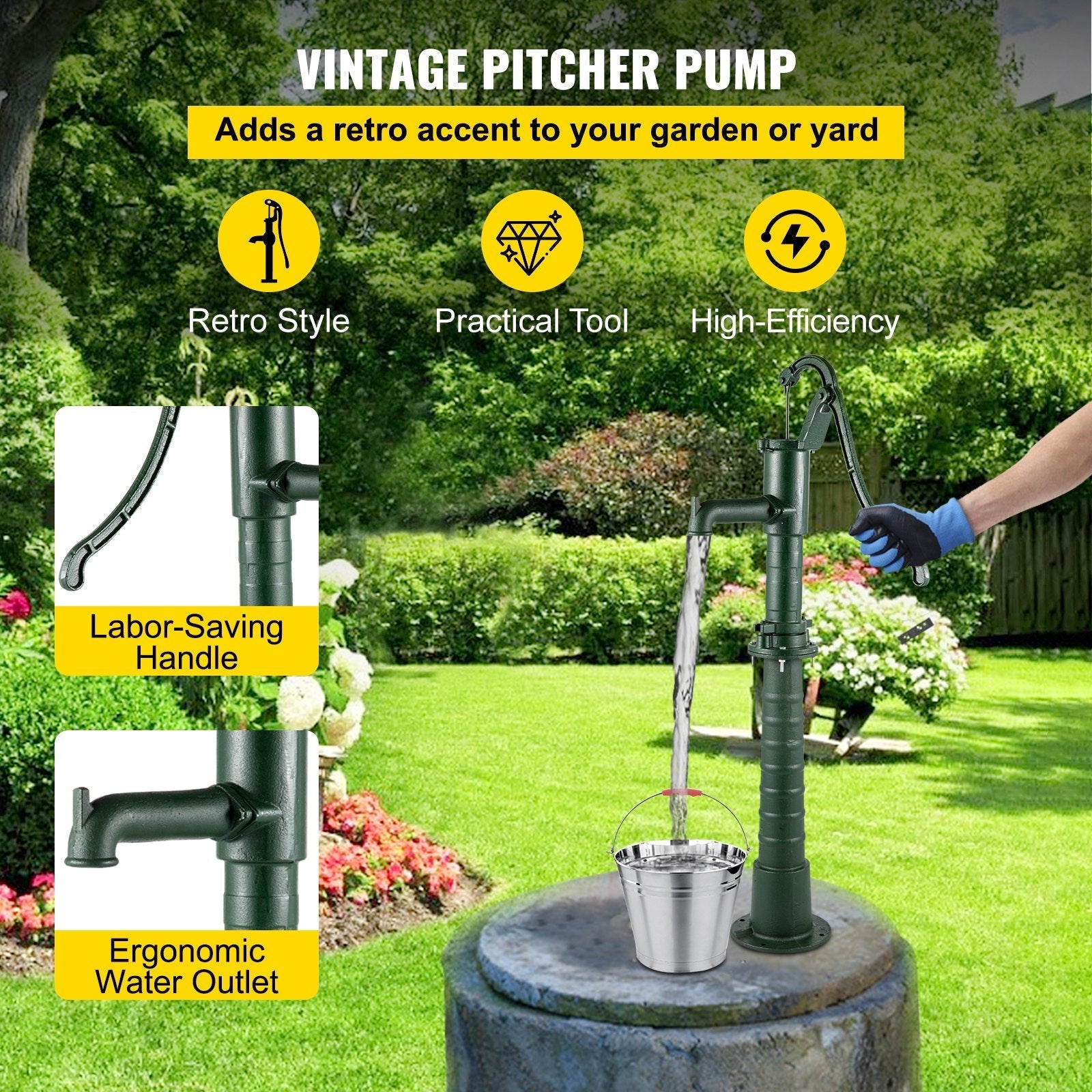 VEVOR Hand Water Pump w/ Stand, 15.7 x 9.4 x 51.6 inch Pitcher Pump& 26 inch Pump Stand w/ Pre-set 1/2