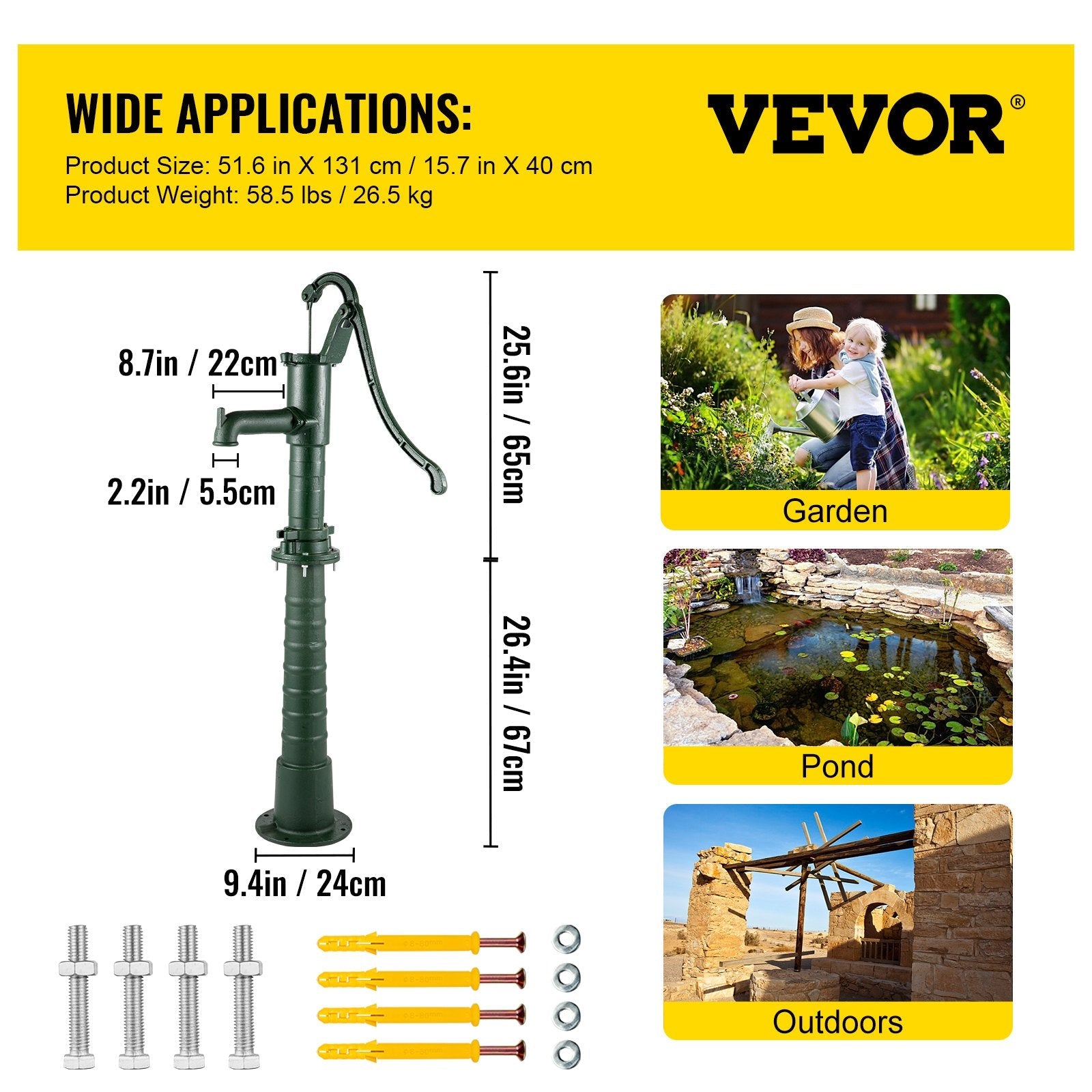 VEVOR Hand Water Pump w/ Stand, 15.7 x 9.4 x 51.6 inch Pitcher Pump& 26 inch Pump Stand w/ Pre-set 1/2