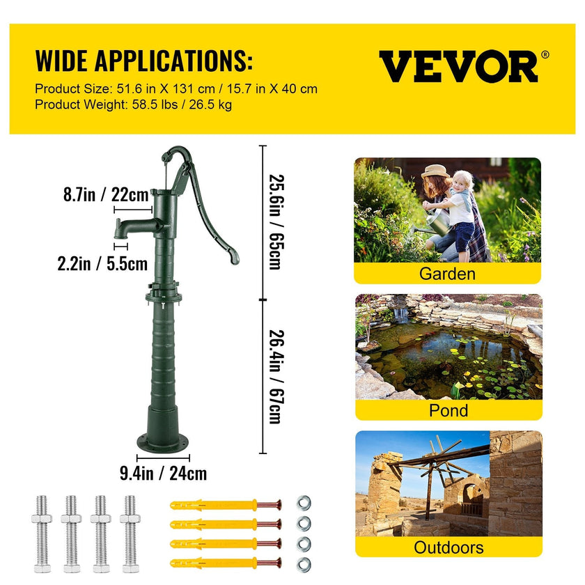 VEVOR Hand Water Pump w/ Stand, 15.7 x 9.4 x 51.6 inch Pitcher Pump& 26 inch Pump Stand w/ Pre-set 1/2
