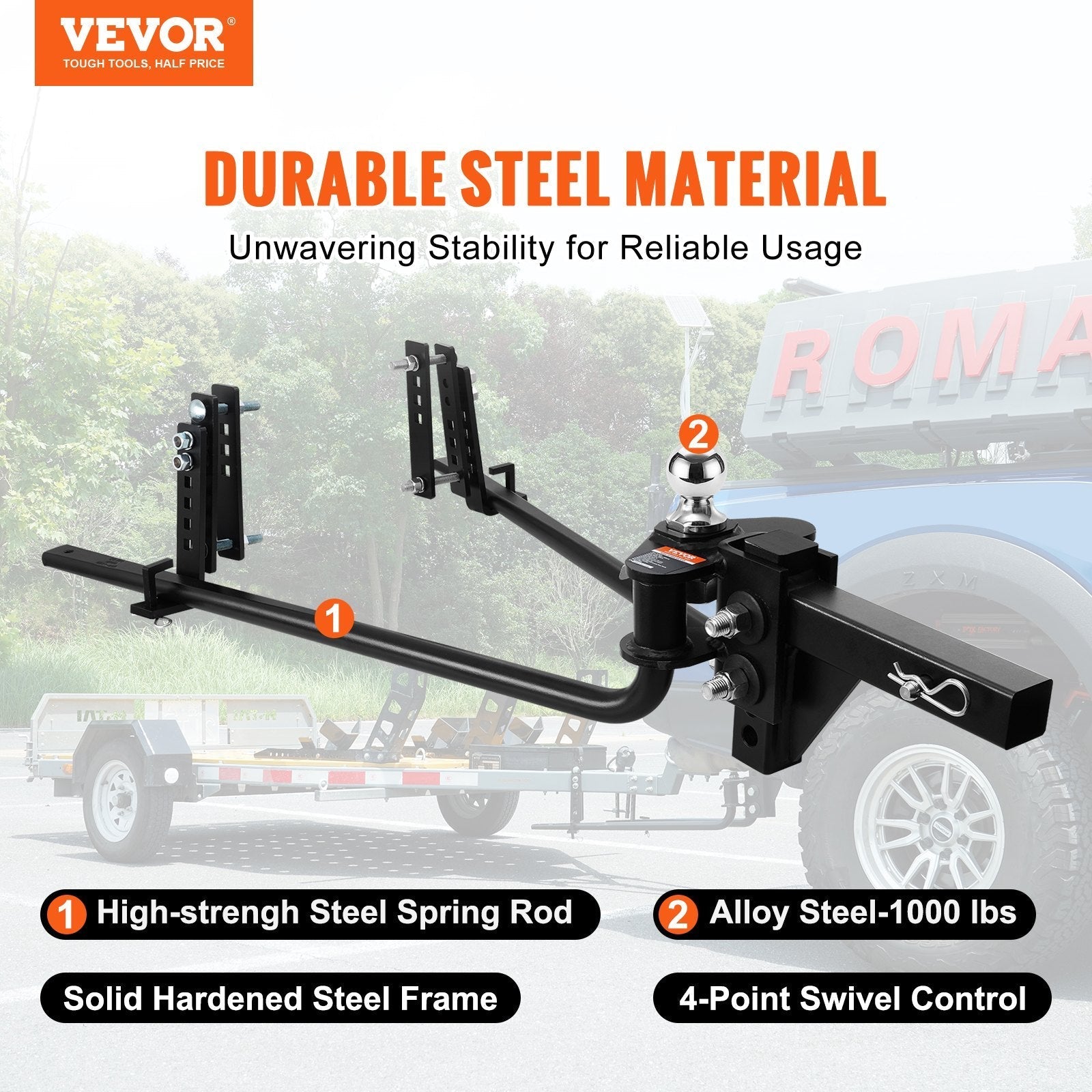 VEVOR Weight Distribution Hitch, 1,000 lbs Weight Distributing Hitches Kit with Sway Control for Trailer, 2-In Solid Steel Shank, 2-5/16 in Alloy Steel Ball, Powder Coated Load Leveling Hitch, Black