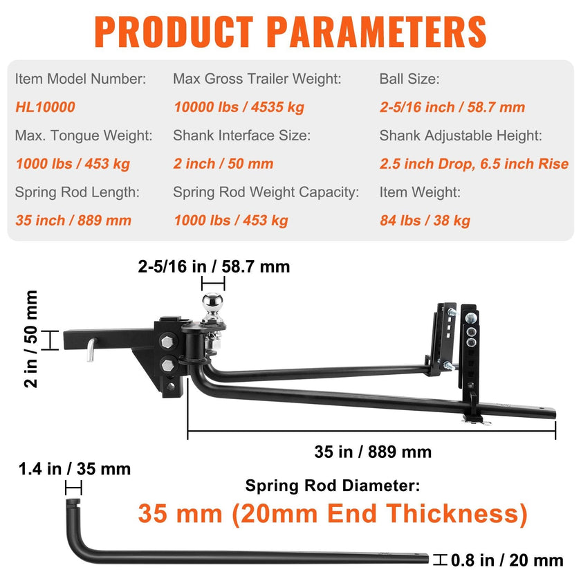 VEVOR Weight Distribution Hitch, 1,000 lbs Weight Distributing Hitches Kit with Sway Control for Trailer, 2-In Solid Steel Shank, 2-5/16 in Alloy Steel Ball, Powder Coated Load Leveling Hitch, Black