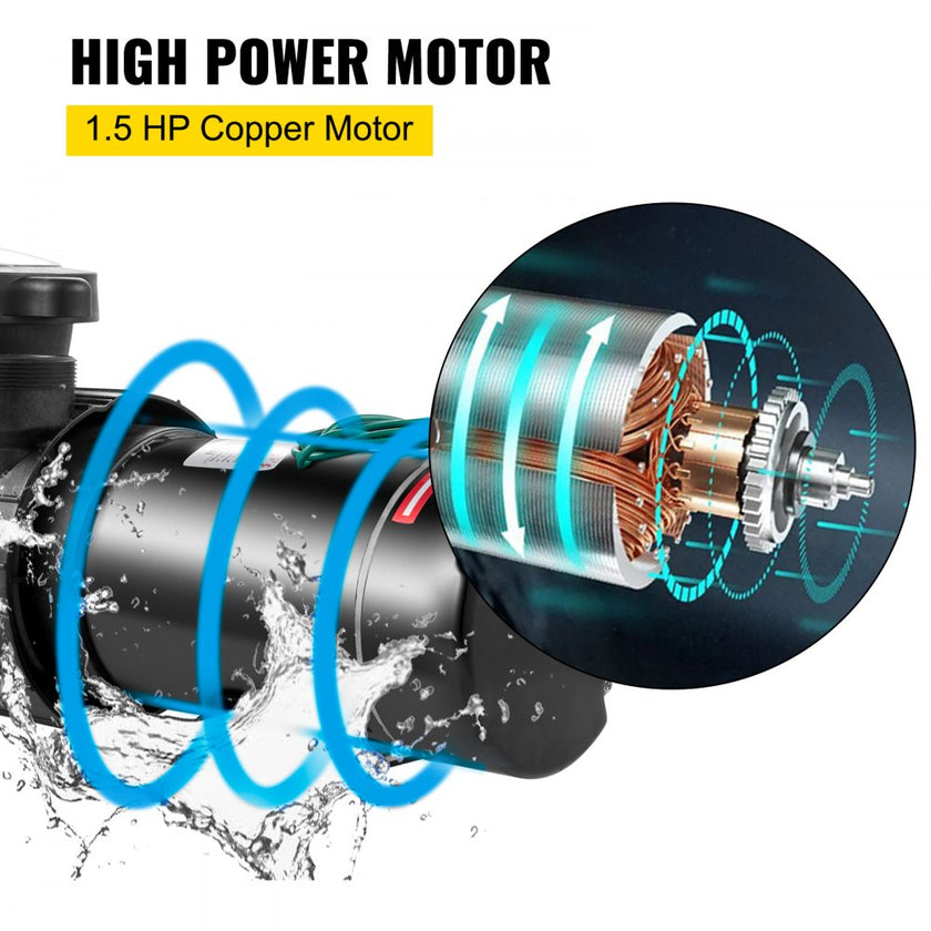 VEVOR 1.5 HP Pool Pump, 1100 W Above Ground Swimming Pool Pump, 4980 GPH Pool Pump Motor witn Strainer Basket, for Clean Swimming Pool Water Salter Water - 1.5