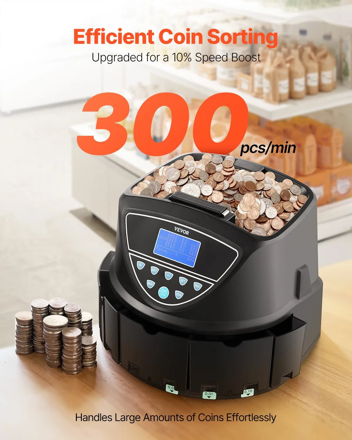 VEVOR USD Coin Sorter with Screen Display Holds up to 2000 Coins 5 Coin Tubes