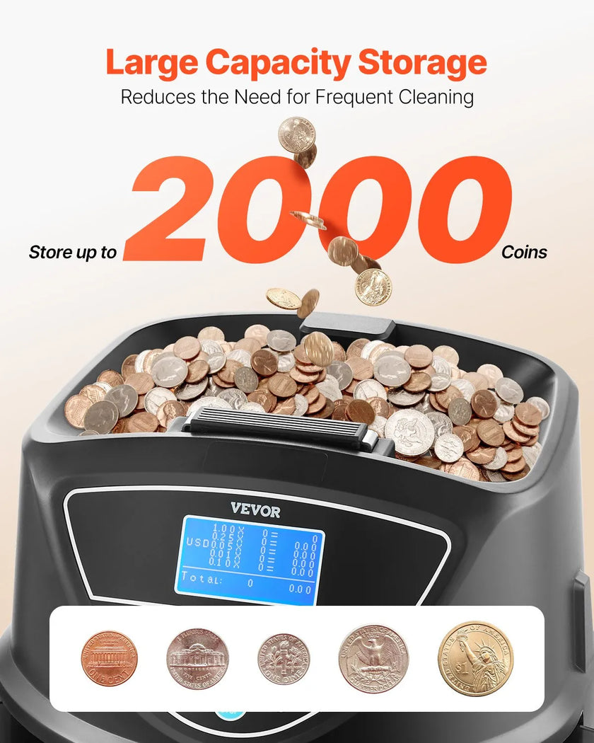 VEVOR USD Coin Sorter with Screen Display Holds up to 2000 Coins 5 Coin Tubes