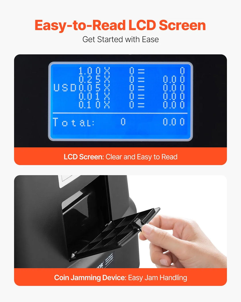 VEVOR USD Coin Sorter with Screen Display Holds up to 2000 Coins 5 Coin Tubes