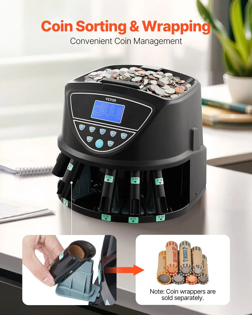 VEVOR USD Coin Sorter with Screen Display Holds up to 2000 Coins 5 Coin Tubes