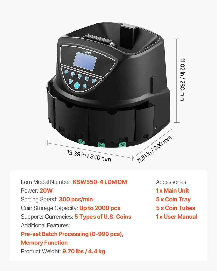 VEVOR USD Coin Sorter with Screen Display Holds up to 2000 Coins 5 Coin Tubes