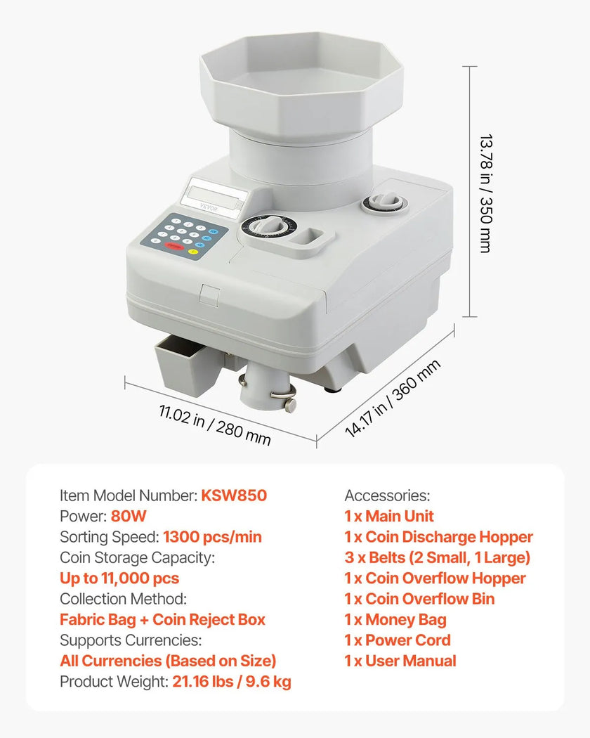 VEVOR Coin Counter Professional Coin Sorter LED Display Holds up to 11000 Coins