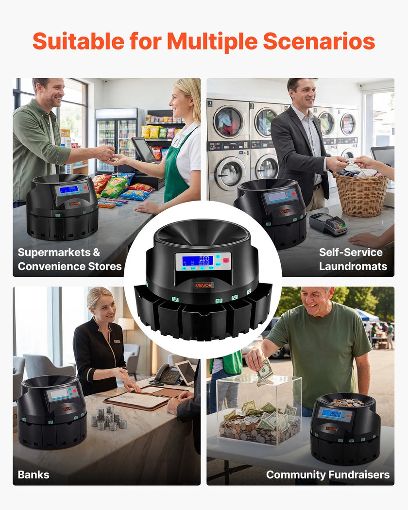 Coin Counter & Sorter Machine for USD Coins – 5 Denominations, 225 Coins/Minute, 1,500-Coin Hopper