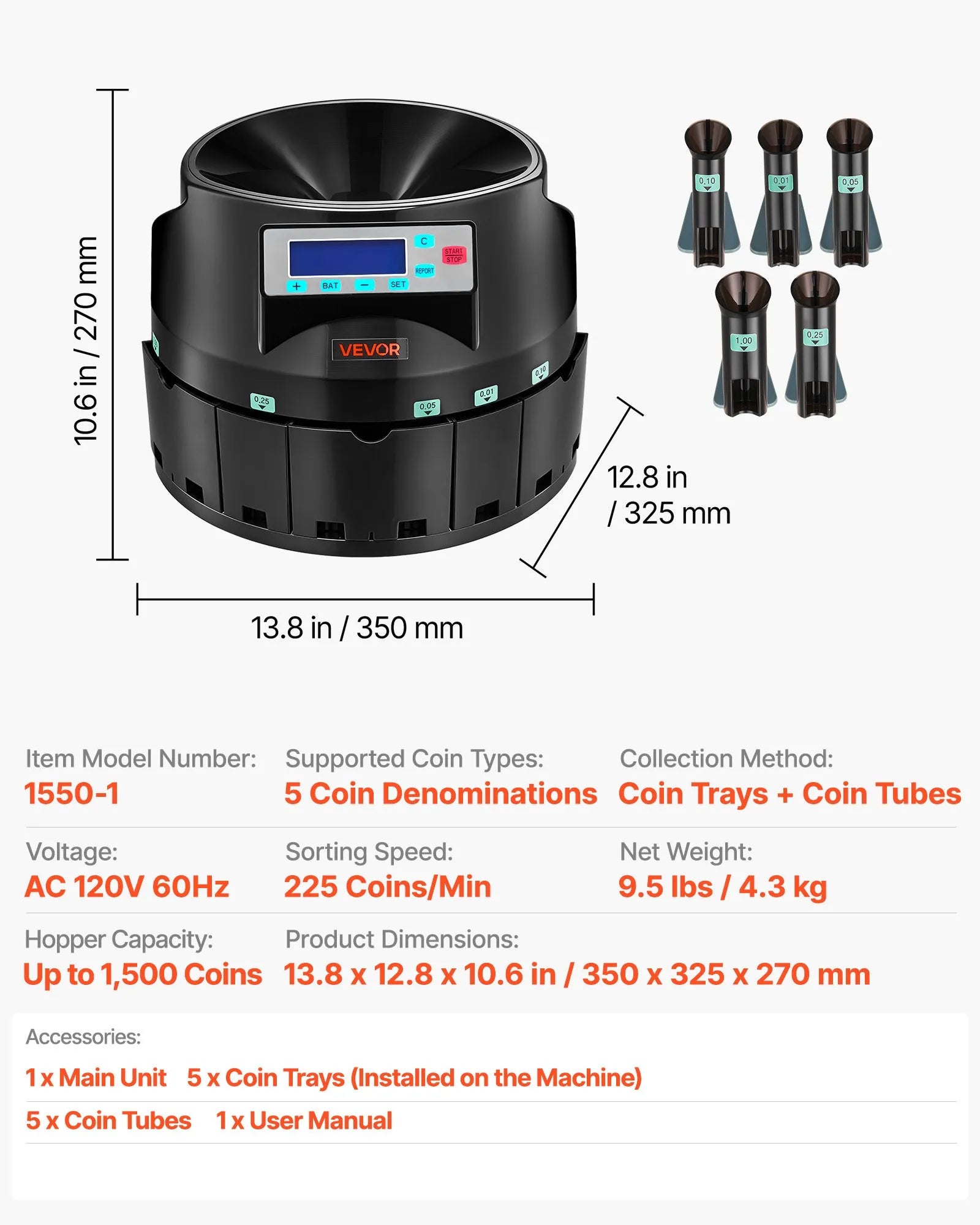 Coin Counter & Sorter Machine for USD Coins – 5 Denominations, 225 Coins/Minute, 1,500-Coin Hopper