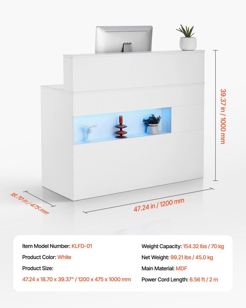 VEVOR Reception Desk Rectangular Front Counter Table 47.24 in White Office Table