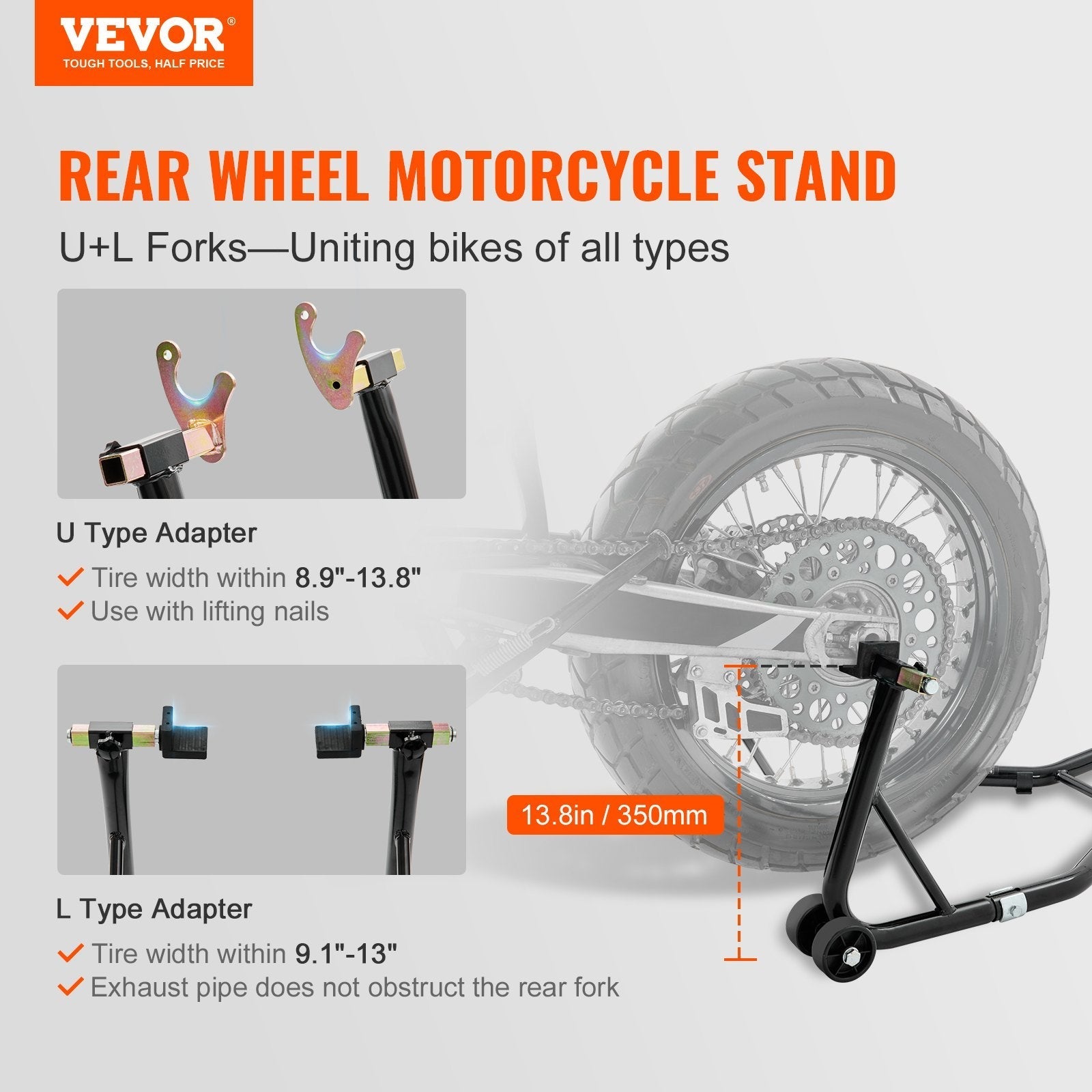 VEVOR Motorcycle Rear Wheel Stand, with U + L Fork Swingarm Spool, 850 lbs Capacity Heavy Duty Rear Wheel Stand Motorcycle Lift Jack Stand, for Suzuki Yamaha Honda Kawasaki, Black