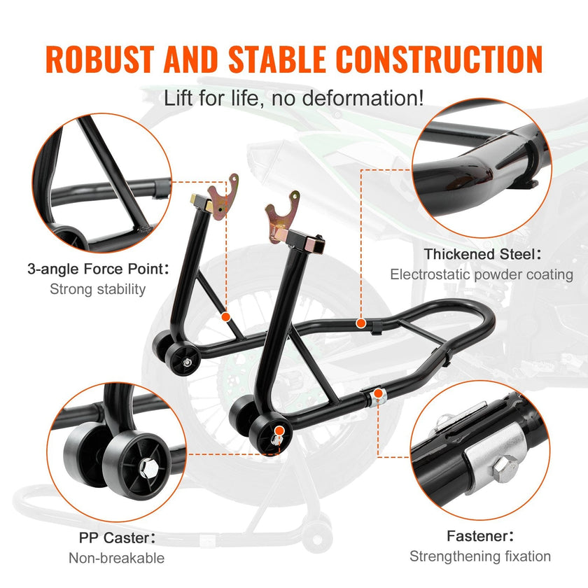 VEVOR Motorcycle Rear Wheel Stand, with U + L Fork Swingarm Spool, 850 lbs Capacity Heavy Duty Rear Wheel Stand Motorcycle Lift Jack Stand, for Suzuki Yamaha Honda Kawasaki, Black