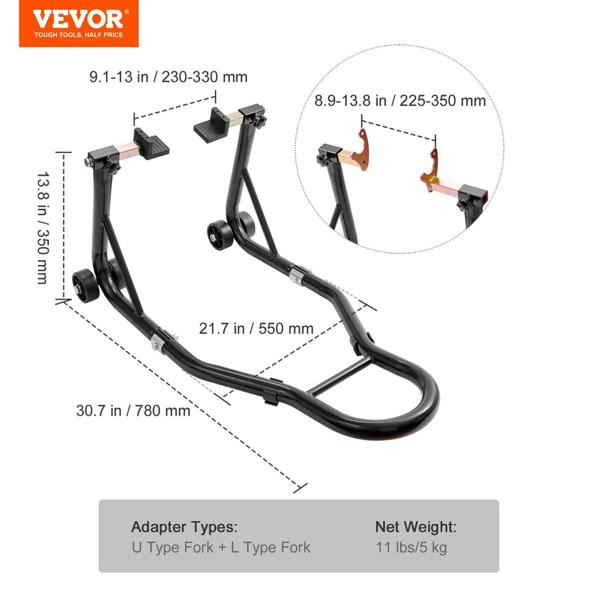 VEVOR Motorcycle Rear Wheel Stand, with U + L Fork Swingarm Spool, 850 lbs Capacity Heavy Duty Rear Wheel Stand Motorcycle Lift Jack Stand, for Suzuki Yamaha Honda Kawasaki, Black