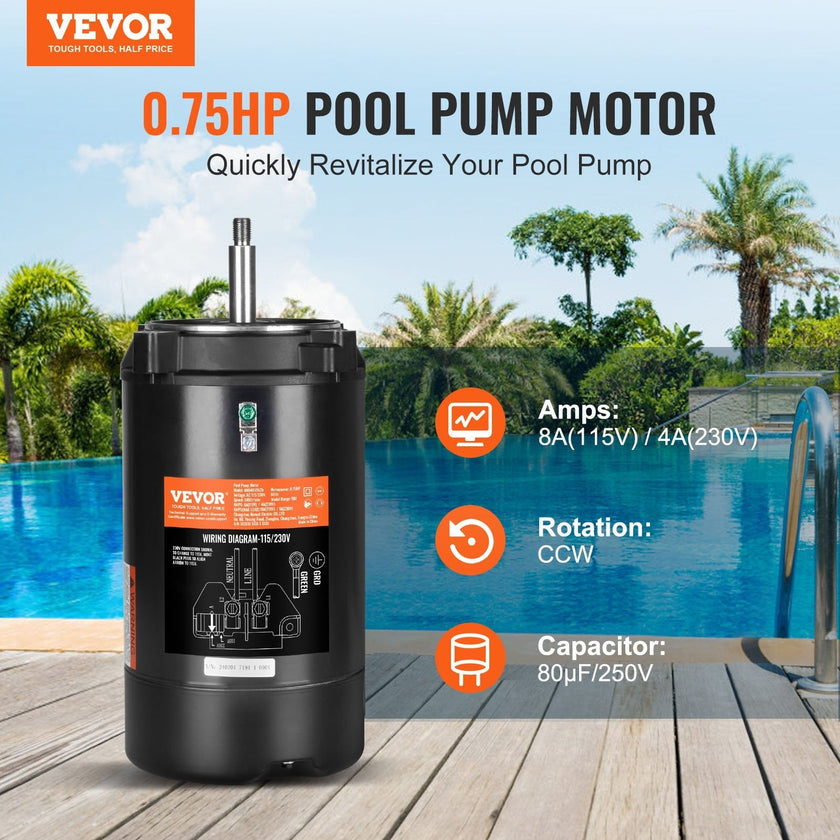 VEVOR 0.75 HP Pool Pump Motor, 56J Frame, 115V(8 Amps)/230V(4 Amps) 3450 RPM, 60Hz, 1.5 Service Factor, 80?F/250V Capacitor, CCW Rotation Round Flange Replacement Motor