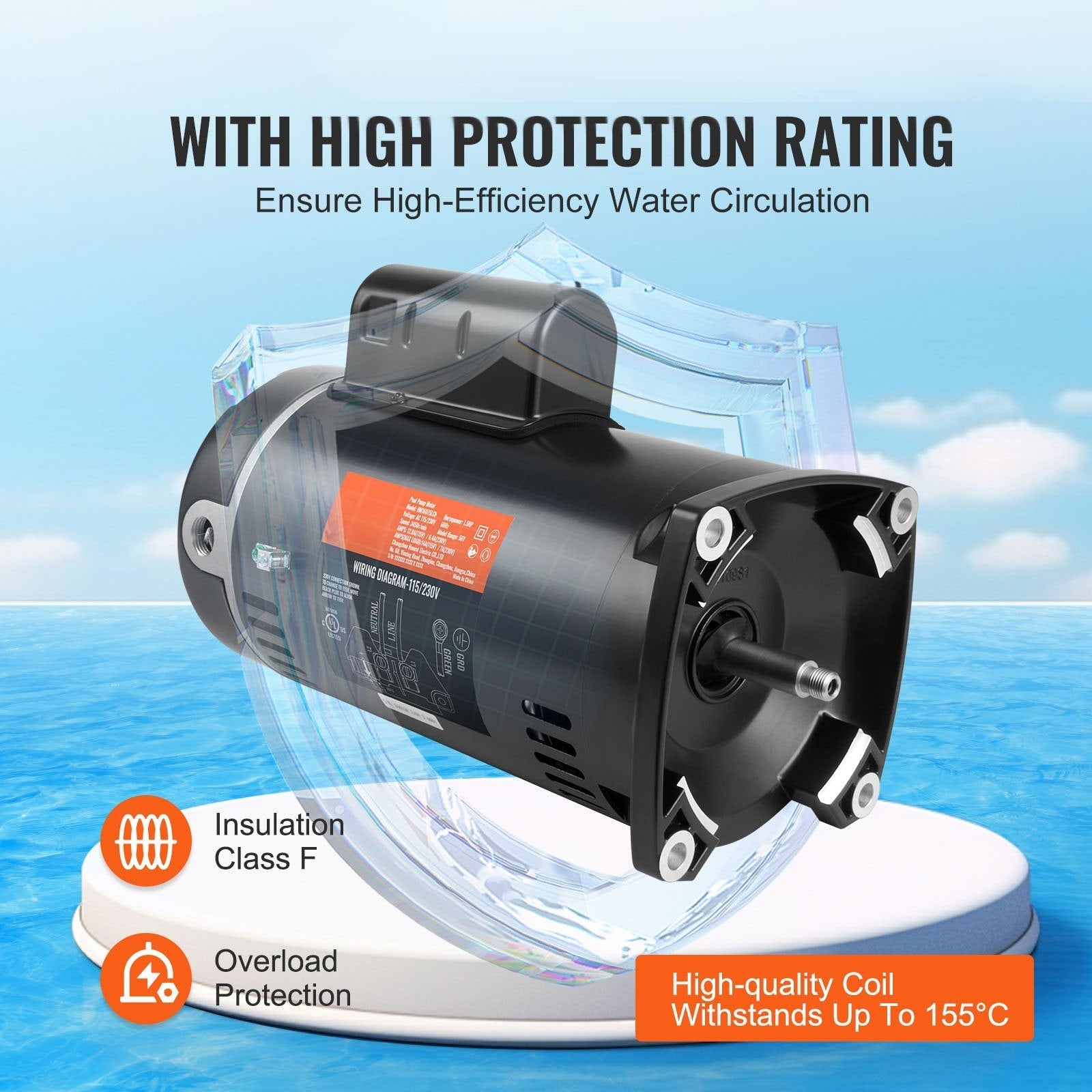 VEVOR 0.75 HP Pool Pump Motor, 56J Frame, 115V(8 Amps)/230V(4 Amps) 3450 RPM, 60Hz, 1.5 Service Factor, 80?F/250V Capacitor, CCW Rotation Round Flange Replacement Motor