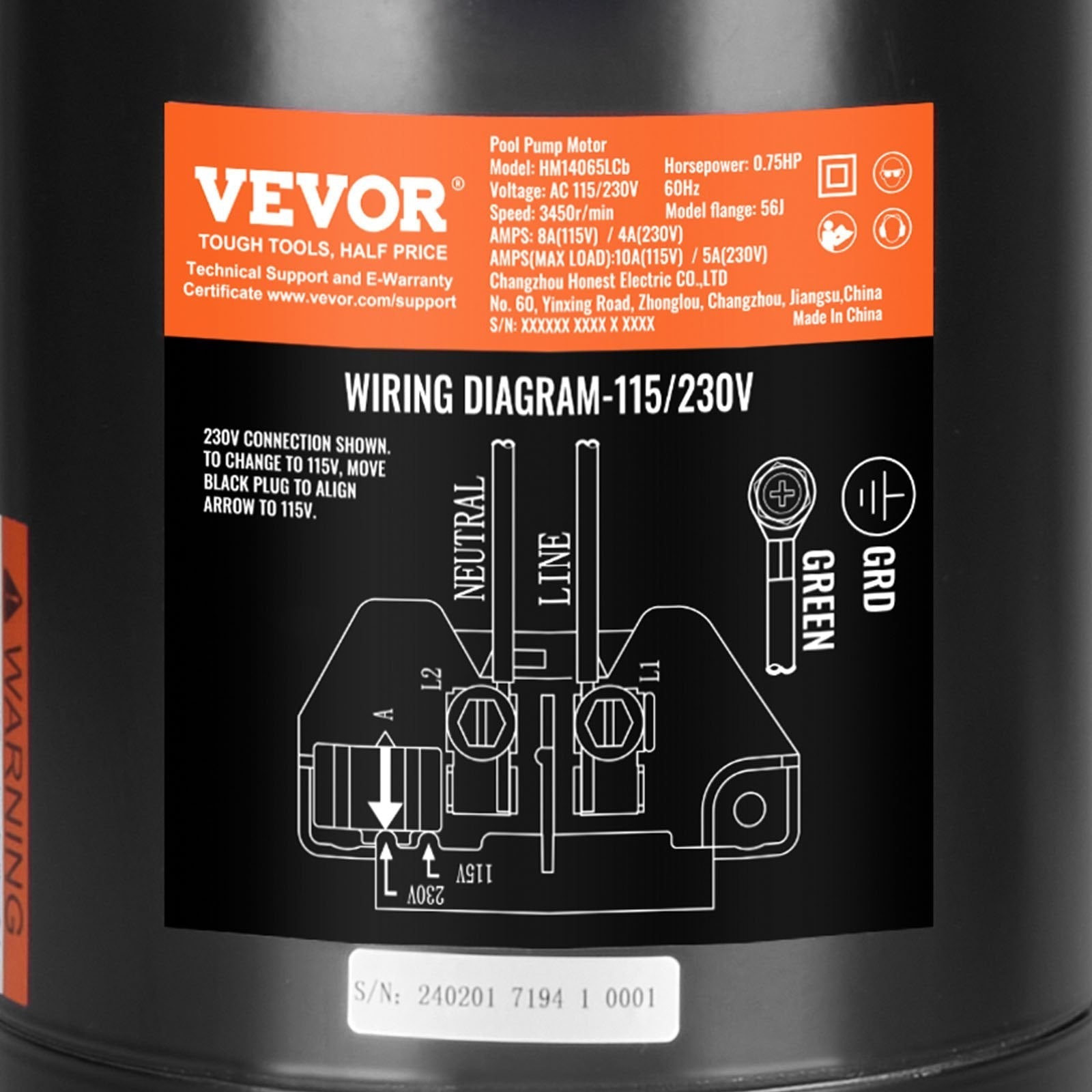 VEVOR 0.75 HP Pool Pump Motor, 56J Frame, 115V(8 Amps)/230V(4 Amps) 3450 RPM, 60Hz, 1.5 Service Factor, 80?F/250V Capacitor, CCW Rotation Round Flange Replacement Motor
