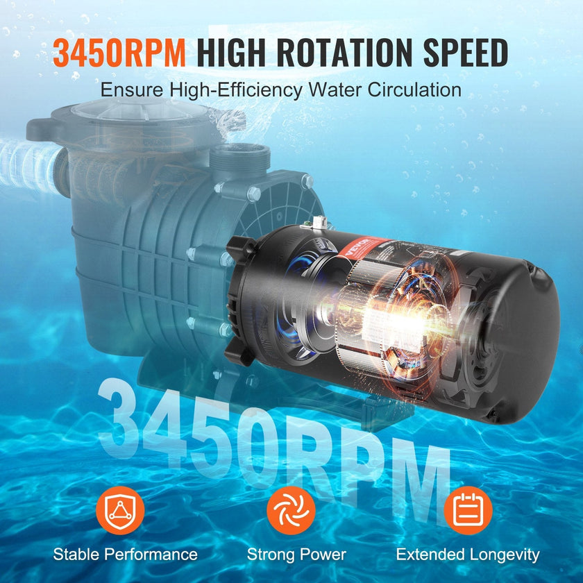 VEVOR 1.5 HP Pool Pump Motor, 56J Frame, 115V(13.6 Amps)/230V(6.8 Amps) 3450 RPM, 60Hz, 1.3 Service Factor, 90?F/250V Capacitor, CCW Rotation Round Flange Replacement Motor