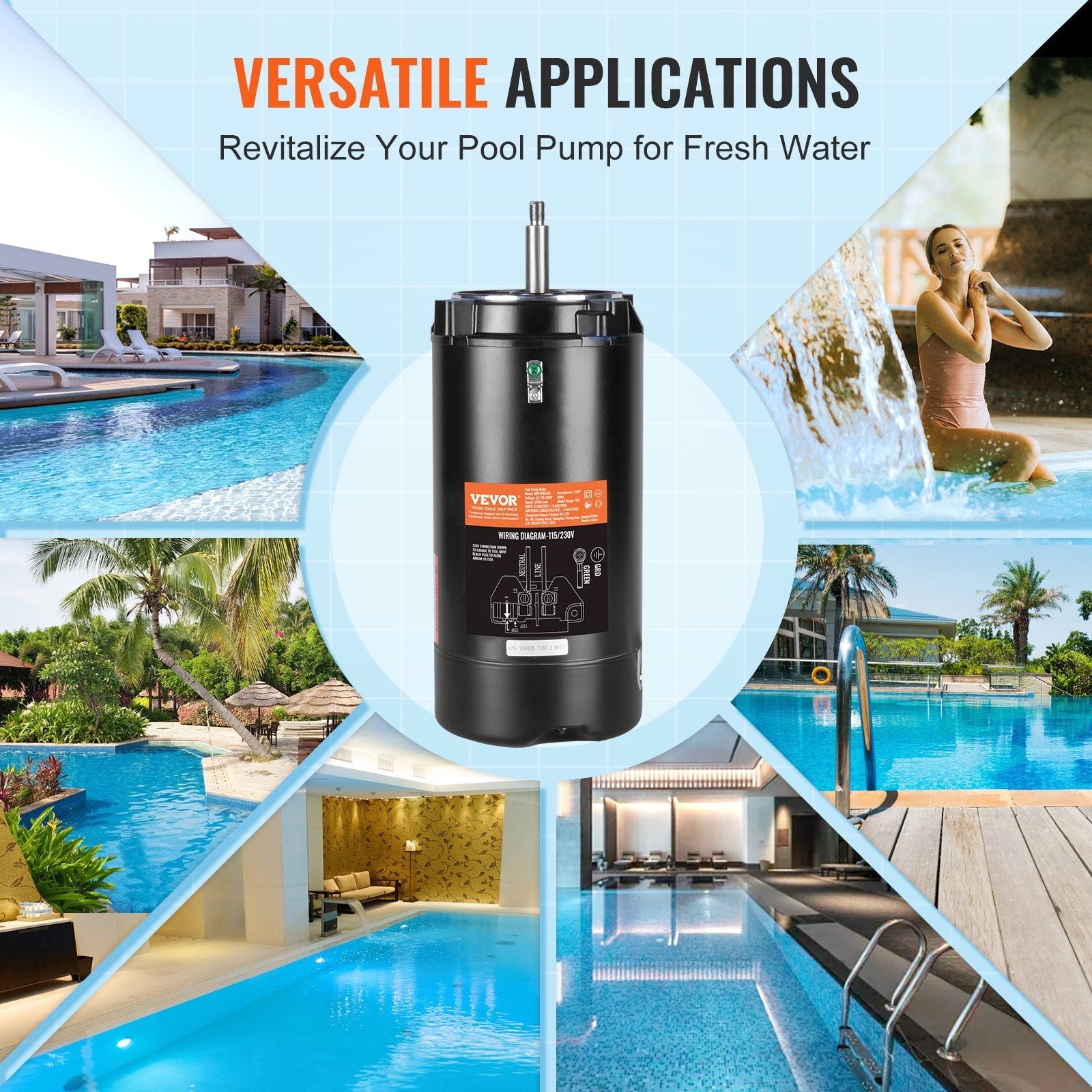 VEVOR 1.5 HP Pool Pump Motor, 56J Frame, 115V(13.6 Amps)/230V(6.8 Amps) 3450 RPM, 60Hz, 1.3 Service Factor, 90?F/250V Capacitor, CCW Rotation Round Flange Replacement Motor