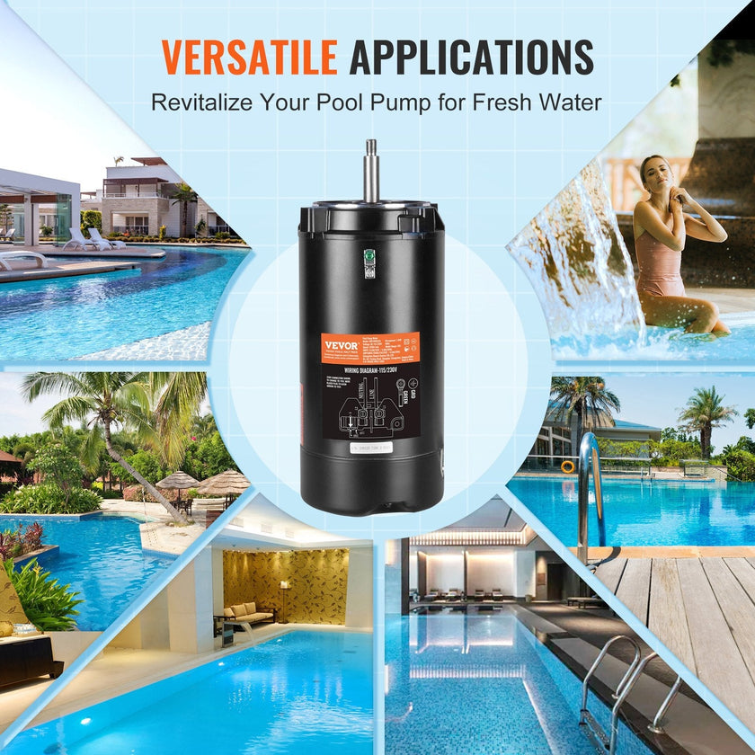 VEVOR 1.5 HP Pool Pump Motor, 56J Frame, 115V(13.6 Amps)/230V(6.8 Amps) 3450 RPM, 60Hz, 1.3 Service Factor, 90?F/250V Capacitor, CCW Rotation Round Flange Replacement Motor