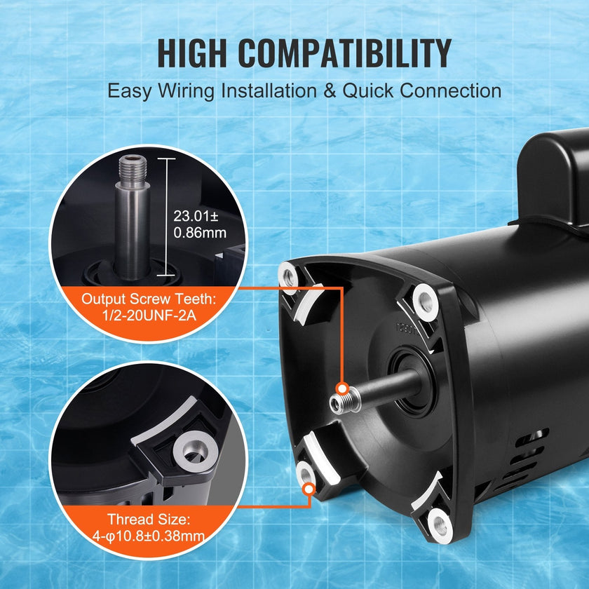 VEVOR 1.5 HP Pool Pump Motor, 56Y Frame, 115V((12.8 Amps))/230V(6.4 Amps) 3450 RPM, 60Hz, 1.1 Service Factor, 90?F/250V Capacitor, CCW Rotation Square Flange Replacement Motor