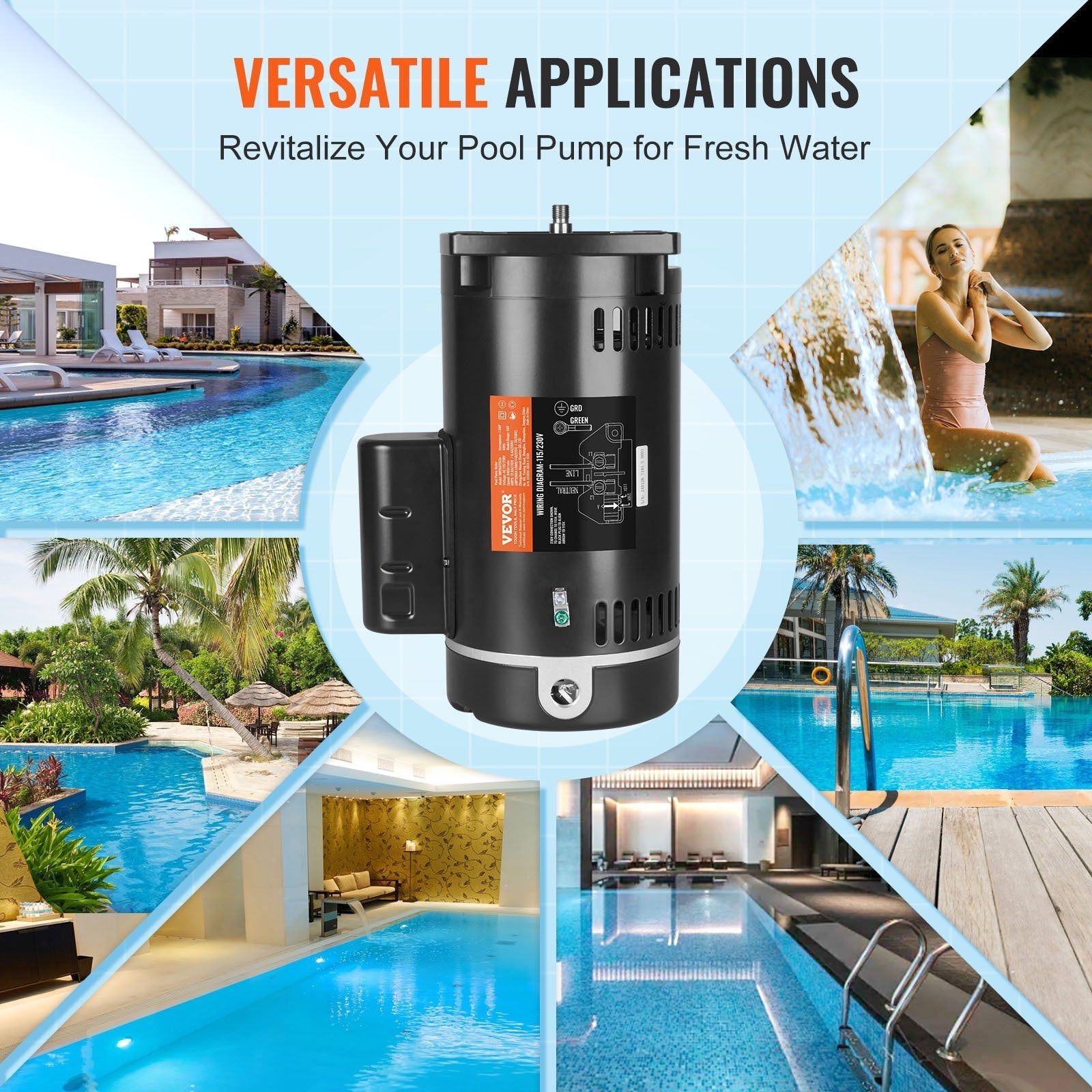 VEVOR 1.5 HP Pool Pump Motor, 56Y Frame, 115V((12.8 Amps))/230V(6.4 Amps) 3450 RPM, 60Hz, 1.1 Service Factor, 90?F/250V Capacitor, CCW Rotation Square Flange Replacement Motor