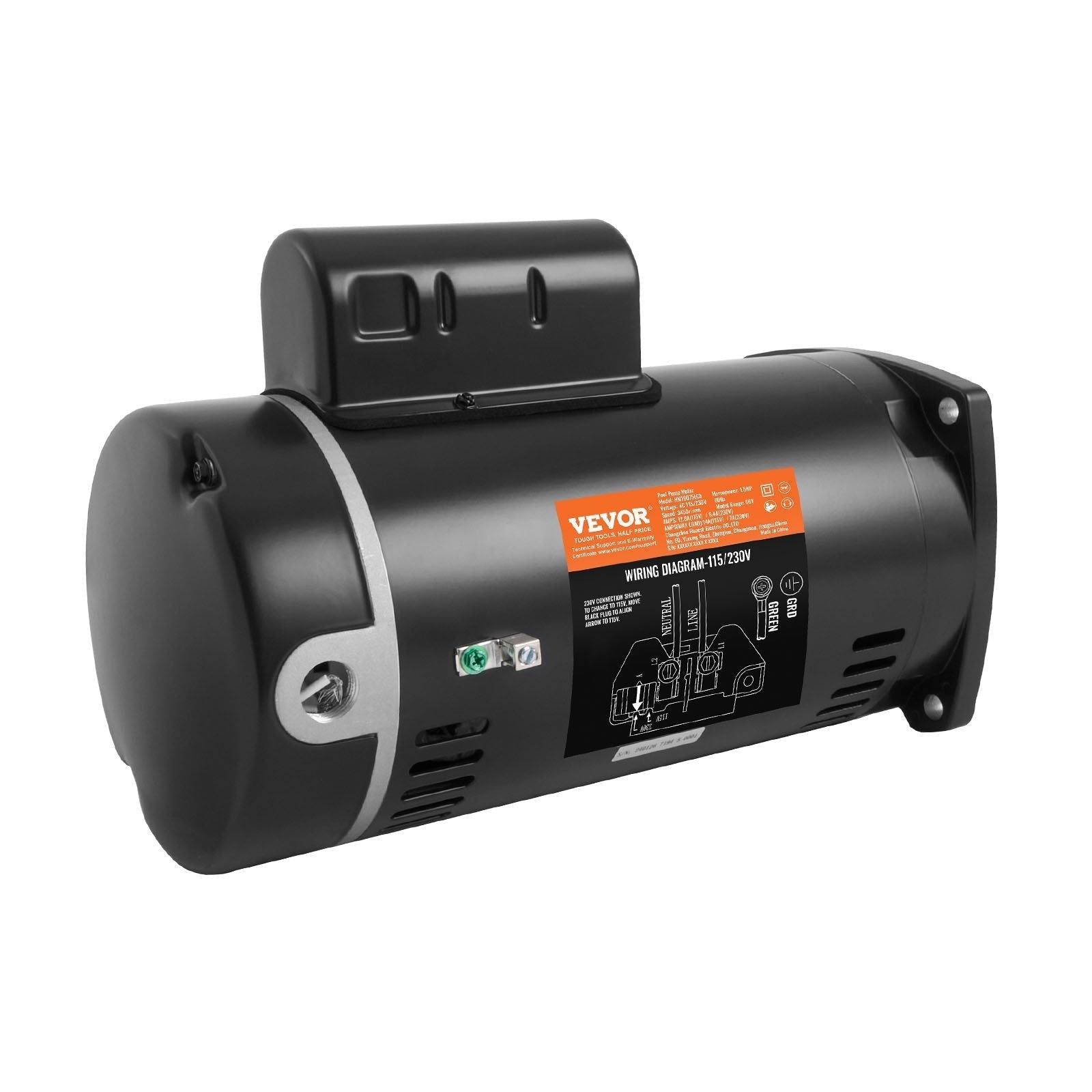 VEVOR 1.5 HP Pool Pump Motor, 56Y Frame, 115V((12.8 Amps))/230V(6.4 Amps) 3450 RPM, 60Hz, 1.1 Service Factor, 90?F/250V Capacitor, CCW Rotation Square Flange Replacement Motor