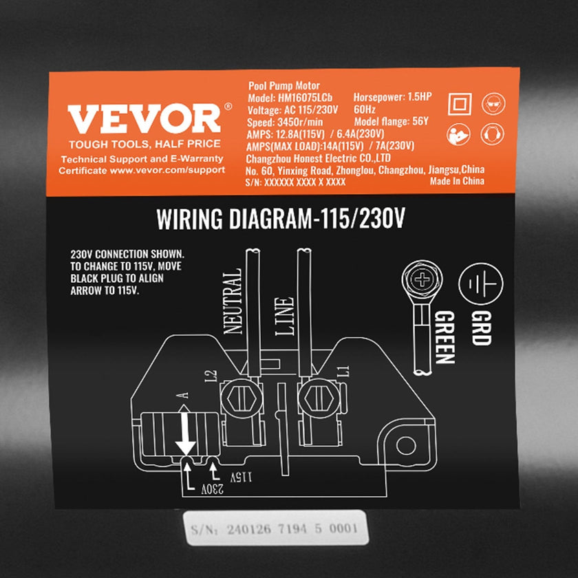 VEVOR 1.5 HP Pool Pump Motor, 56Y Frame, 115V((12.8 Amps))/230V(6.4 Amps) 3450 RPM, 60Hz, 1.1 Service Factor, 90?F/250V Capacitor, CCW Rotation Square Flange Replacement Motor