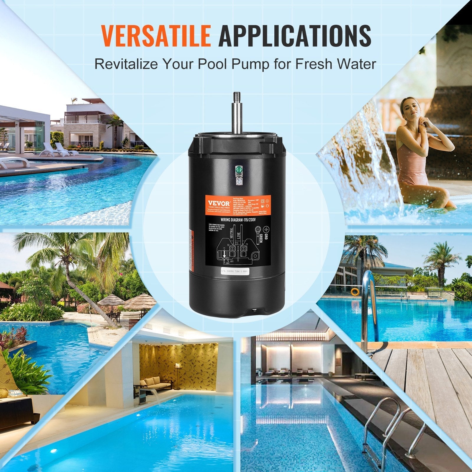VEVOR 1 HP Pool Pump Motor, 56J Frame, 115V(9.8 Amps)/230V(4.9 Amps) 3450 RPM, 60Hz, 1.4 Service Factor, 90?F/250V Capacitor, CCW Rotation Round Flange Replacement Motor