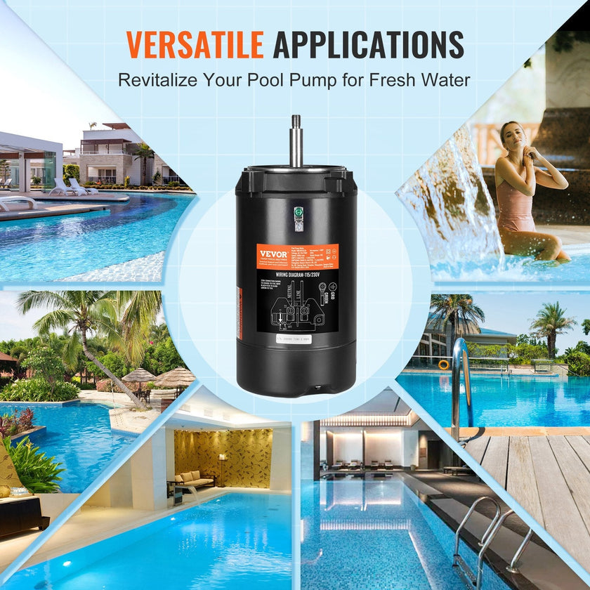 VEVOR 1 HP Pool Pump Motor, 56J Frame, 115V(9.8 Amps)/230V(4.9 Amps) 3450 RPM, 60Hz, 1.4 Service Factor, 90?F/250V Capacitor, CCW Rotation Round Flange Replacement Motor