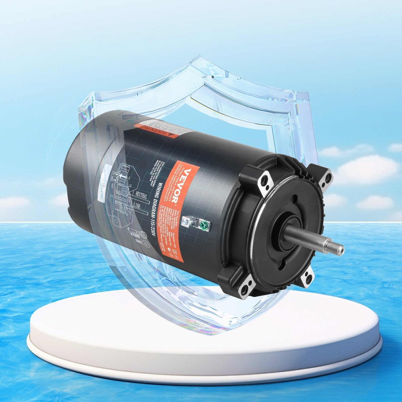 VEVOR 1 HP Pool Pump Motor, 56J Frame, 115V(9.8 Amps)/230V(4.9 Amps) 3450 RPM, 60Hz, 1.4 Service Factor, 90?F/250V Capacitor, CCW Rotation Round Flange Replacement Motor
