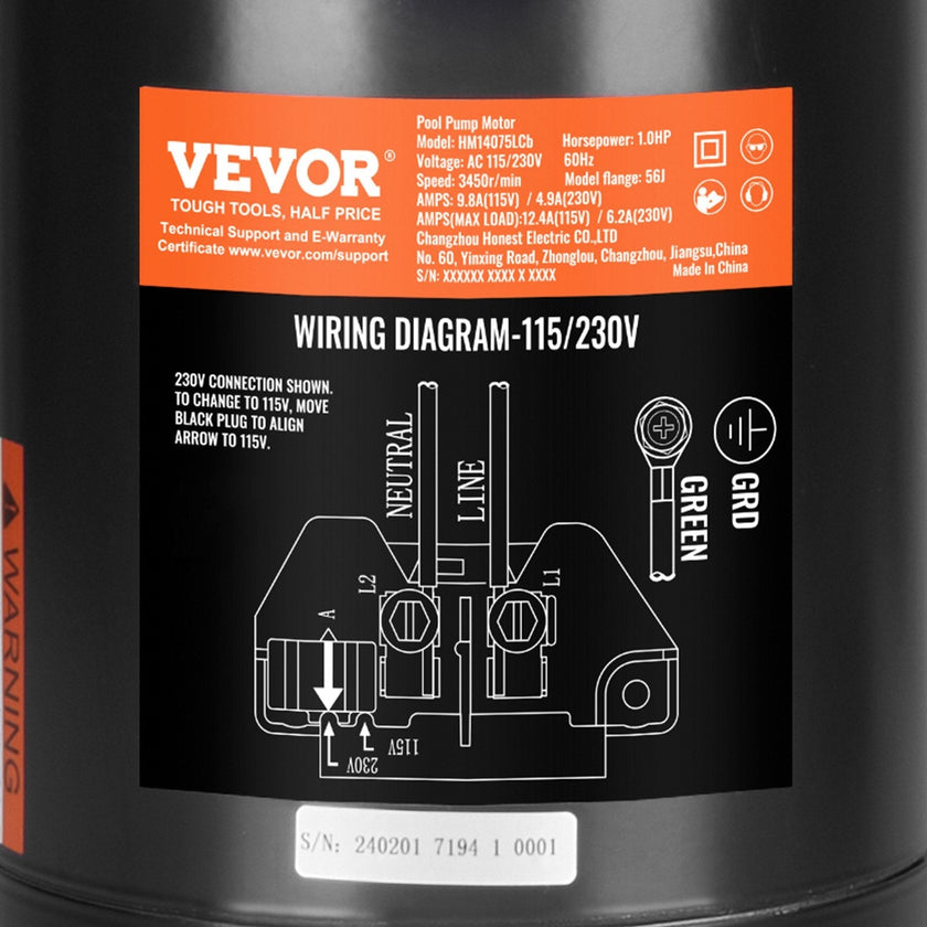 VEVOR 1 HP Pool Pump Motor, 56J Frame, 115V(9.8 Amps)/230V(4.9 Amps) 3450 RPM, 60Hz, 1.4 Service Factor, 90?F/250V Capacitor, CCW Rotation Round Flange Replacement Motor