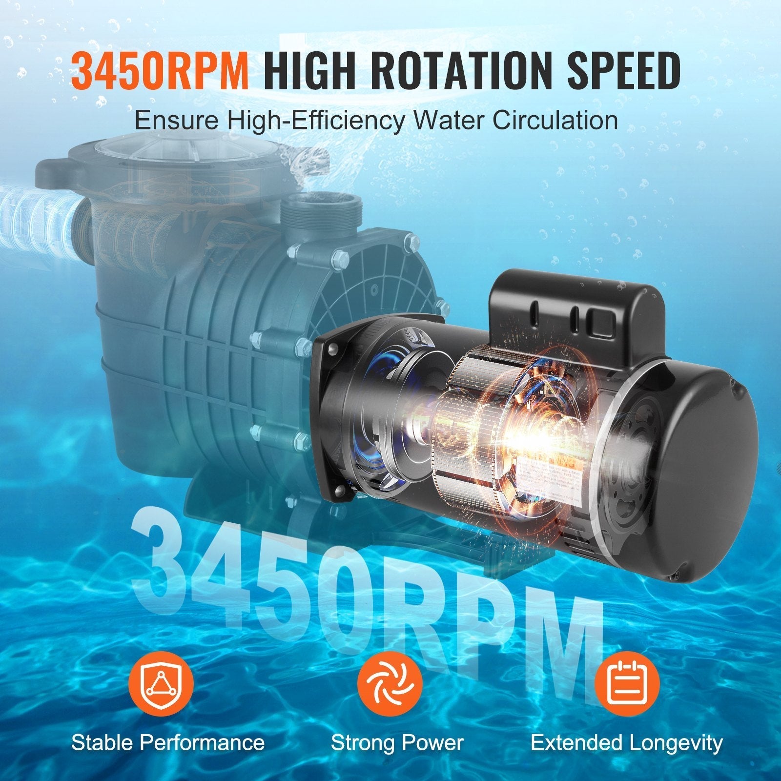 VEVOR 1 HP Pool Pump Motor, 56Y Frame, 115V(9 Amps)/230V(4.5 Amps) 3450RPM, 60Hz, 1.25 Service Factor, 90?F/250V Capacitor, CCW Rotation Square Flange Replacement Motor