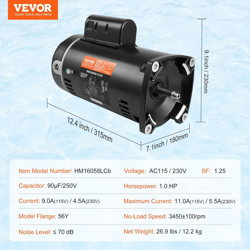 VEVOR 1 HP Pool Pump Motor, 56Y Frame, 115V(9 Amps)/230V(4.5 Amps) 3450RPM, 60Hz, 1.25 Service Factor, 90?F/250V Capacitor, CCW Rotation Square Flange Replacement Motor