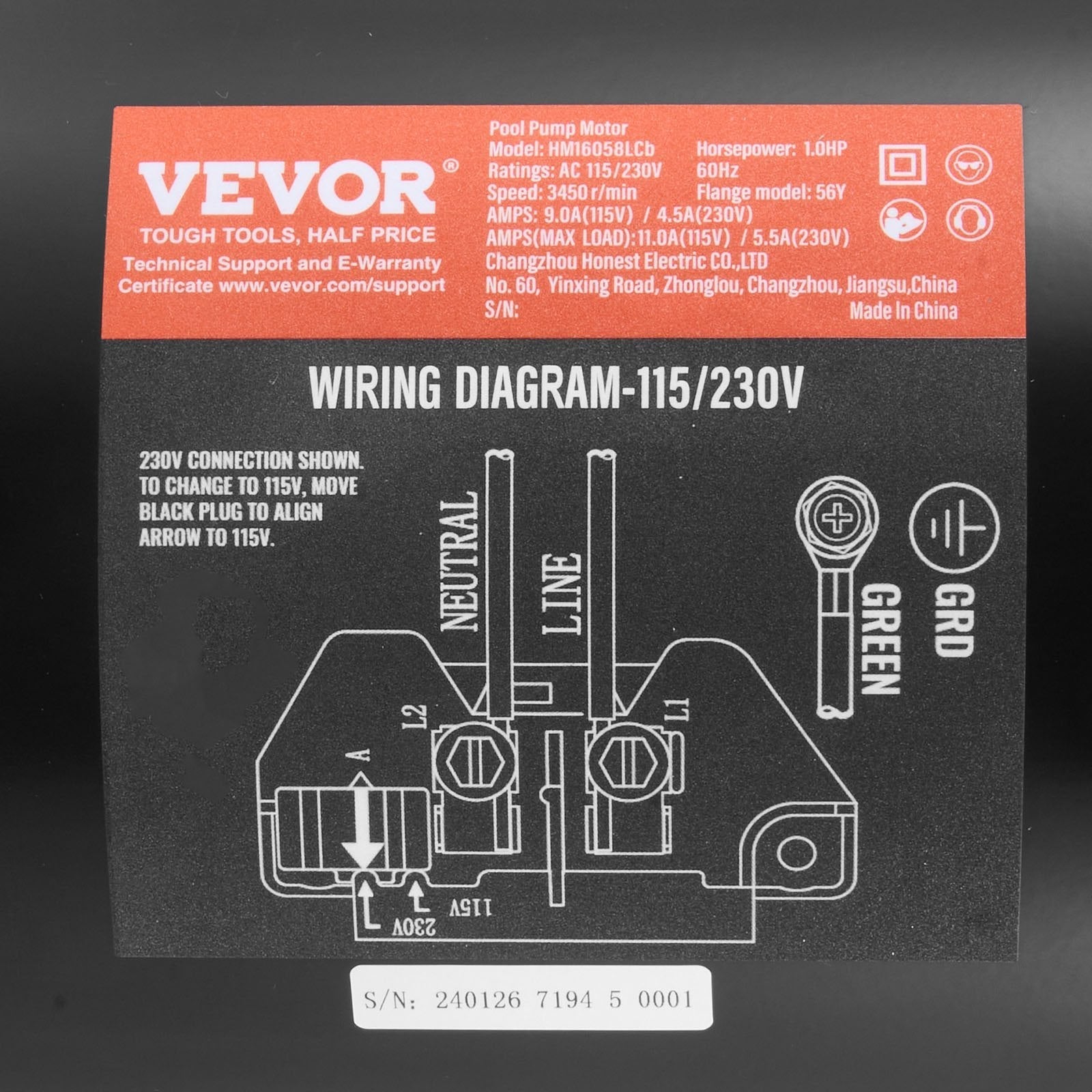 VEVOR 1 HP Pool Pump Motor, 56Y Frame, 115V(9 Amps)/230V(4.5 Amps) 3450RPM, 60Hz, 1.25 Service Factor, 90?F/250V Capacitor, CCW Rotation Square Flange Replacement Motor