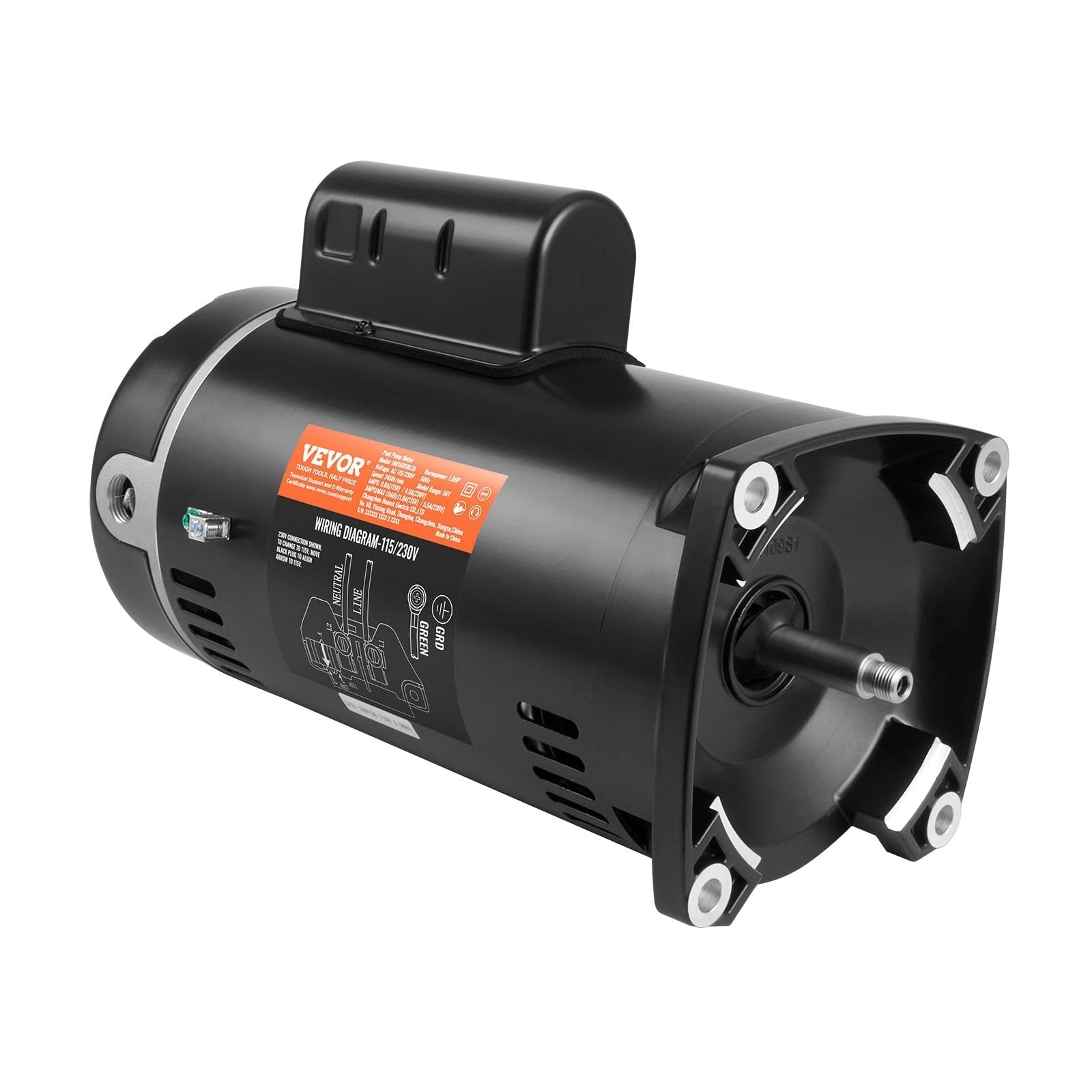 VEVOR 1 HP Pool Pump Motor, 56Y Frame, 115V(9 Amps)/230V(4.5 Amps) 3450RPM, 60Hz, 1.25 Service Factor, 90?F/250V Capacitor, CCW Rotation Square Flange Replacement Motor